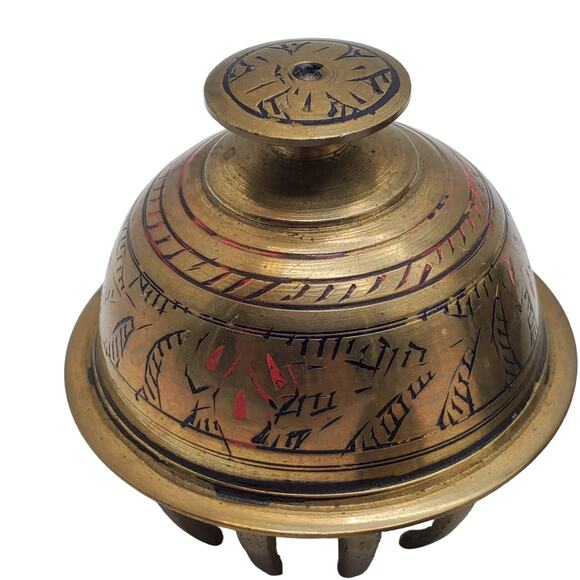 3 Brass Claw Bells Elephant Engraved Enameled Etched Vintage India Rustic Decor - Picture 7 of 15